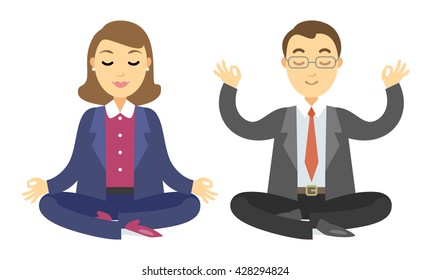 Two businessmen doing meditation. Man and woman doing yoga meditation or relaxing. Vector cartoon illustration