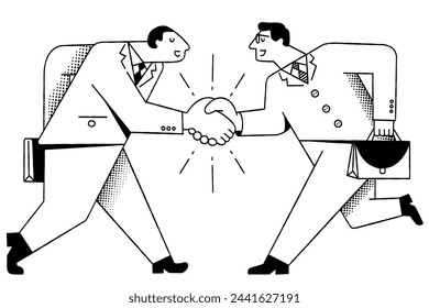 Two businessmen doing shaking hands in agreement. Vector illustration doodle, cute character, hand drawn sketch, black and white ink style.