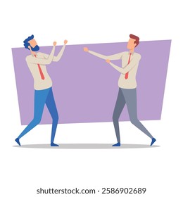 Two businessmen, dressed in formal attire, playfully battling each other. Competition in office concept