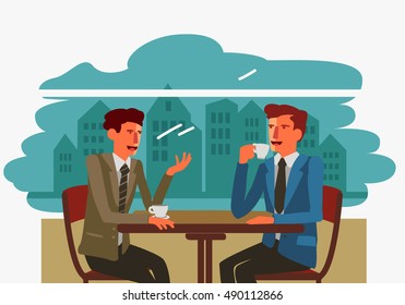 Two businessmen drinking coffee and talking in a cafe. Coffee time, break and relaxation vector concept