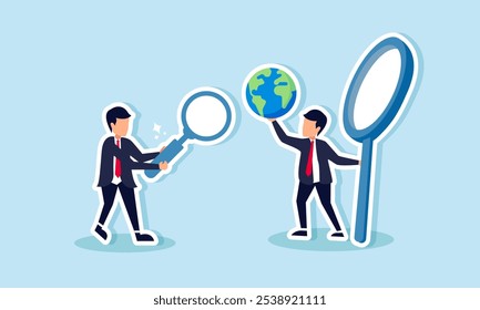 Two businessmen each hold magnifying glasses, the one with a larger magnifying glass successfully finds a globe, illustrating successful for an international business scale advantage