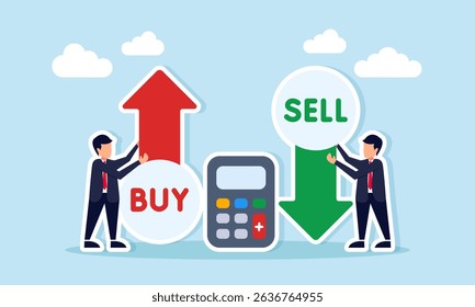 Two businessmen each holding up arrow for sell and down arrow for buy with calculator between them illustration of calculation strategy and trading risk