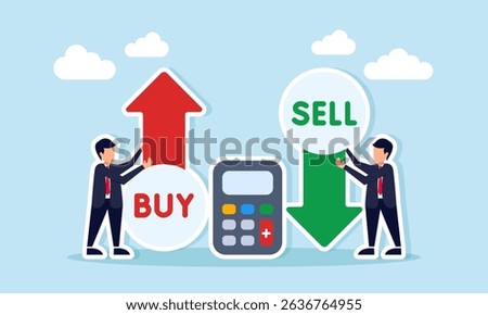 Two businessmen each holding up arrow for sell and down arrow for buy with calculator between them illustration of calculation strategy and trading risk