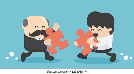 Two businessmen, businessmen, elders, and young businessmen who are holding onto a well-knit puzzle to contact in finance, trade and employment.