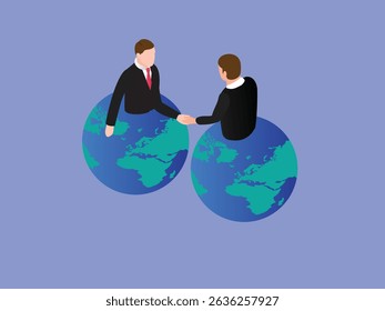 Dois homens de negócios emergem de metades de um globo e apertam as mãos isométrica 3d vetor ilustração