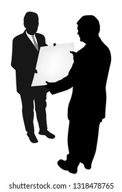 Two businessmen engineers or architects holding and showing a new project plan or a blank banner 