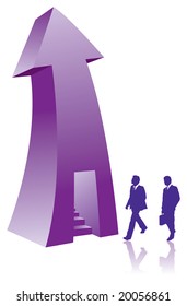 Two businessmen enter a stairway in an arrow
