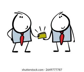 Two businessmen exchange money. Vector cartoon illustration of a seller and a buyer in an office. A boss takes a bribe, cash dollars in a bank.