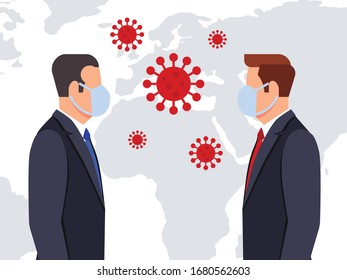 Two businessmen face to face wearing masks. Epidemic, flu protection, avoiding virus. COVID-19 prevention.