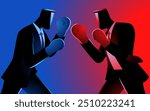 Two businessmen facing off as boxers, symbolizing competition, rivalry, and strategic battles in the corporate world. Perfect for themes of business conflict, competitive strategy, and power struggles