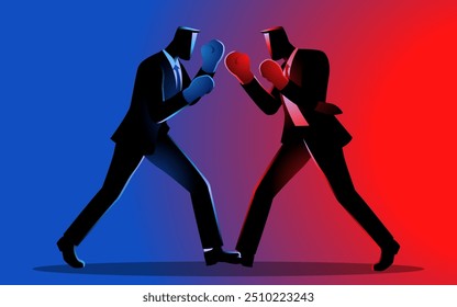 Two businessmen facing off as boxers, symbolizing competition, rivalry, and strategic battles in the corporate world. Perfect for themes of business conflict, competitive strategy, and power struggles