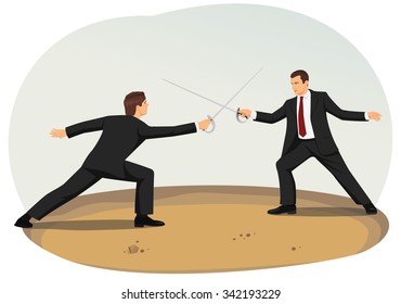 Two Businessmen Are Fencing. Market Competition And Commercial Disputes.