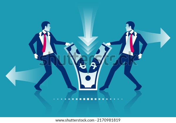 Two\
businessmen fight for money. Divide profits. Financial conflict.\
Tearing money. Conflict concept. Torn in half. Vector illustration\
flat design. Isolated on white background.\
