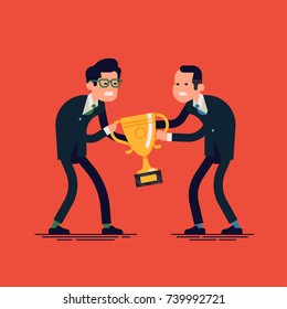 Two businessmen fighting each other for winning award. Vector character design on angry competing office workers pulling golden prize or trophy