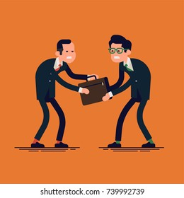 Two businessmen fighting each other for business case. Flat vector character design on two angry male office workers pulling attache case