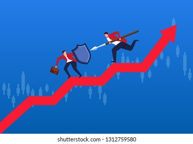 Two businessmen fighting on arrows, financial trade war and stock market analysis