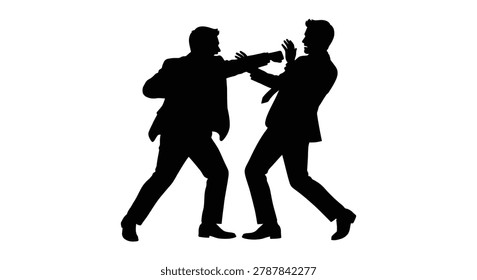 two businessmen fighting one blocking a punch dramatic action scene silhouette