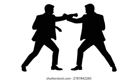 Two businessmen fighting a physical altercation in suits black silhouette