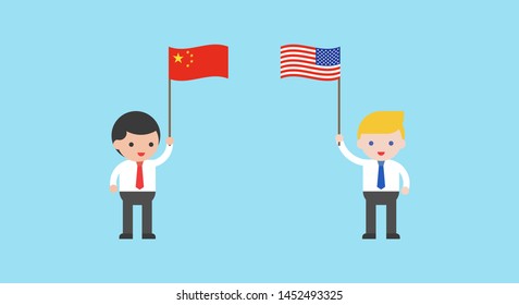 Two Businessmen with Flag of China and Flag of United states, vector illustration