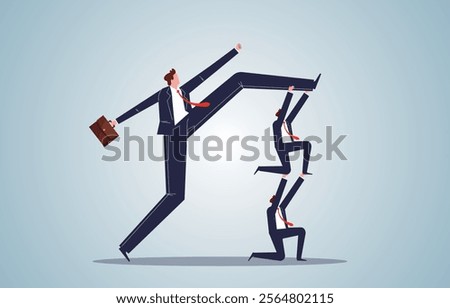 two businessmen form a human pyramid to help the giant take a step forward
