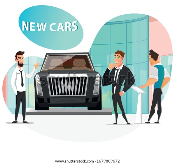 Two Businessmen in Formal Suits Visiting Car\
Showroom Exhibition. Salesman Describing Flat SUV Last Generation\
Opportunities and Advantages. Transport Sale Cartoon. Vector Cutout\
Illustration