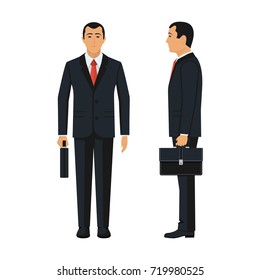 Two businessmen front and profile. Businessman holding briefcase isolated on white background. Vector illustration flat design. Male cartoon character. Office manager in suit. Confident man.