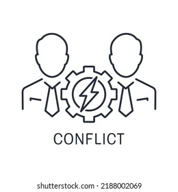 Two Businessmen And A Girl With Lightning. Conflict Management, Interests. Vector Linear Icon Isolated On White Background.