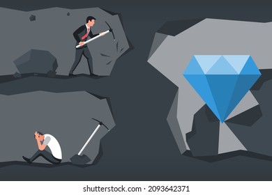 Two businessmen go to their goal. Weak and strong. Vector illustration flat design. Isolated on white background. Surrendered to half the way. Weak on the way to success.