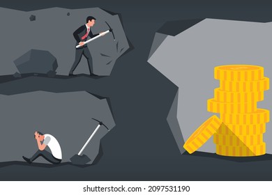 Two businessmen go to their goal. Weak and strong. Vector illustration flat design. Surrendered to half the way. Weak on the way to success. Stack of gold coins as a reward for hard work.