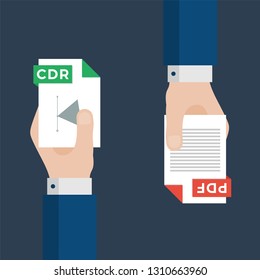 Two Businessmen Hands Exchange Different Types of Files. CDR Convert to PDF. File Format Conversion. Flat Icons. Vector Illustration