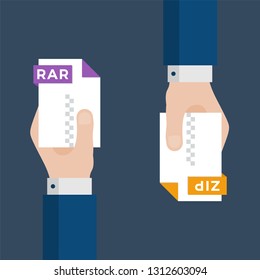 Two Businessmen Hands Exchange Different Types of Files. RAR Convert to ZIP.  File Format Conversion. Flat Icons. Vector Illustration