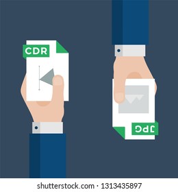 Two Businessmen Hands Exchange Different Types of Files. CDR Convert to JPG. File Format Conversion. Flat Icons. Vector Illustration