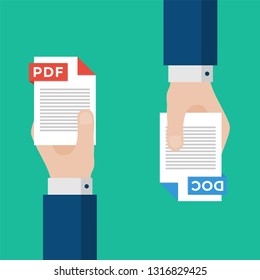 Two Businessmen Hands Exchange Different Types of Files. PDF Convert to DOC. File Format Conversion. Flat Icons. Vector Illustration