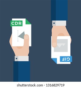 Two Businessmen Hands Exchange Different Types of Files. CDR Convert to GIF. File Format Conversion. Flat Icons. Vector Illustration