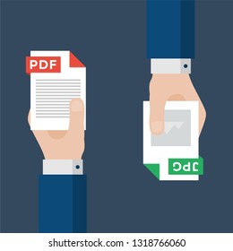 Two Businessmen Hands Exchange Different Types of Files. PDF Convert to JPG. File Format Conversion. Flat Icons. Vector Illustration