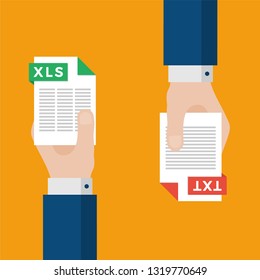 Two Businessmen Hands Exchange Different Types of Files. XLS Convert to TXT. File Format Conversion. Flat Icons. Vector Illustration