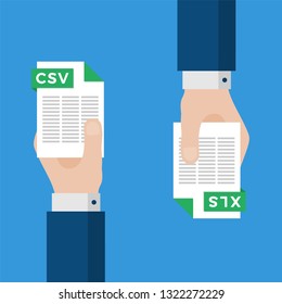 Two Businessmen Hands Exchange Different Types of Files. CSV Convert to XLS. File Format Conversion. Flat Icons. Vector Illustration