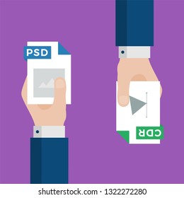 Two Businessmen Hands Exchange Different Types of Files. PSD Convert to CDR. File Format Conversion. Flat Icons. Vector Illustration