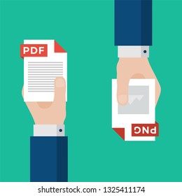 Two Businessmen Hands Exchange Different Types of Files. PDF Convert to PNG. File Format Conversion. Flat Icons. Vector Illustration