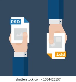 Two Businessmen Hands Exchange Different Types of Files. PSD Convert to PPT. File Format Conversion. Flat Icons. Vector Illustration