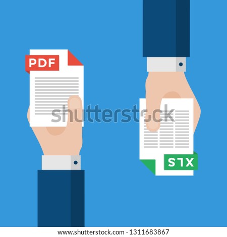 Two Businessmen Hands Exchange Different Types of Files. PDF Convert to XLS. File Format Conversion. Flat Icons. Vector Illustration