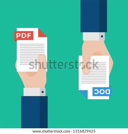 Two Businessmen Hands Exchange Different Types of Files. PDF Convert to DOC. File Format Conversion. Flat Icons. Vector Illustration