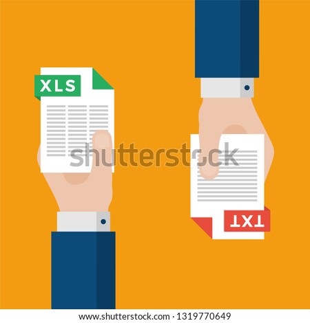 Two Businessmen Hands Exchange Different Types of Files. XLS Convert to TXT. File Format Conversion. Flat Icons. Vector Illustration