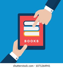 Two Businessmen Hands Pointing at Tablet with Books on Screen. Online Library Vector Concept. Flat Style Illustration