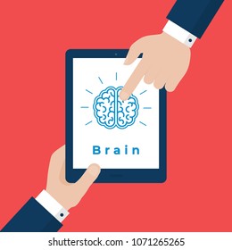 Two Businessmen Hands Pointing at Tablet with a Brain on Screen. Brainstorm Vector Concept. Flat Style Illustration