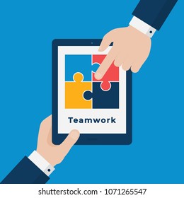 Two Businessmen Hands Pointing at Tablet with Puzzle Pieces on Screen. Teamwork Vector Concept. Flat Style Illustration