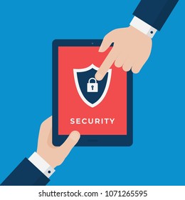 Two Businessmen Hands Pointing at Tablet with Shield and Lock on Screen. Online Security Vector Concept. Flat Style Illustration