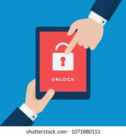 Two Businessmen Hands Pointing at Tablet with Lock on Screen. Unlocked, Security Vector Concept. Flat Style Illustration
