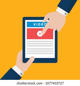 Two Businessmen Hands Pointing at Tablet with Video Play Button on Screen. Watching Video Vector Concept. Flat Style Illustration