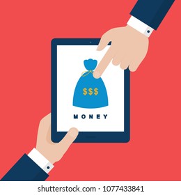 Two Businessmen Hands Pointing at Tablet with Money Sack on Screen. Richness, Wealth, Money Vector Concept. Flat Style Illustration